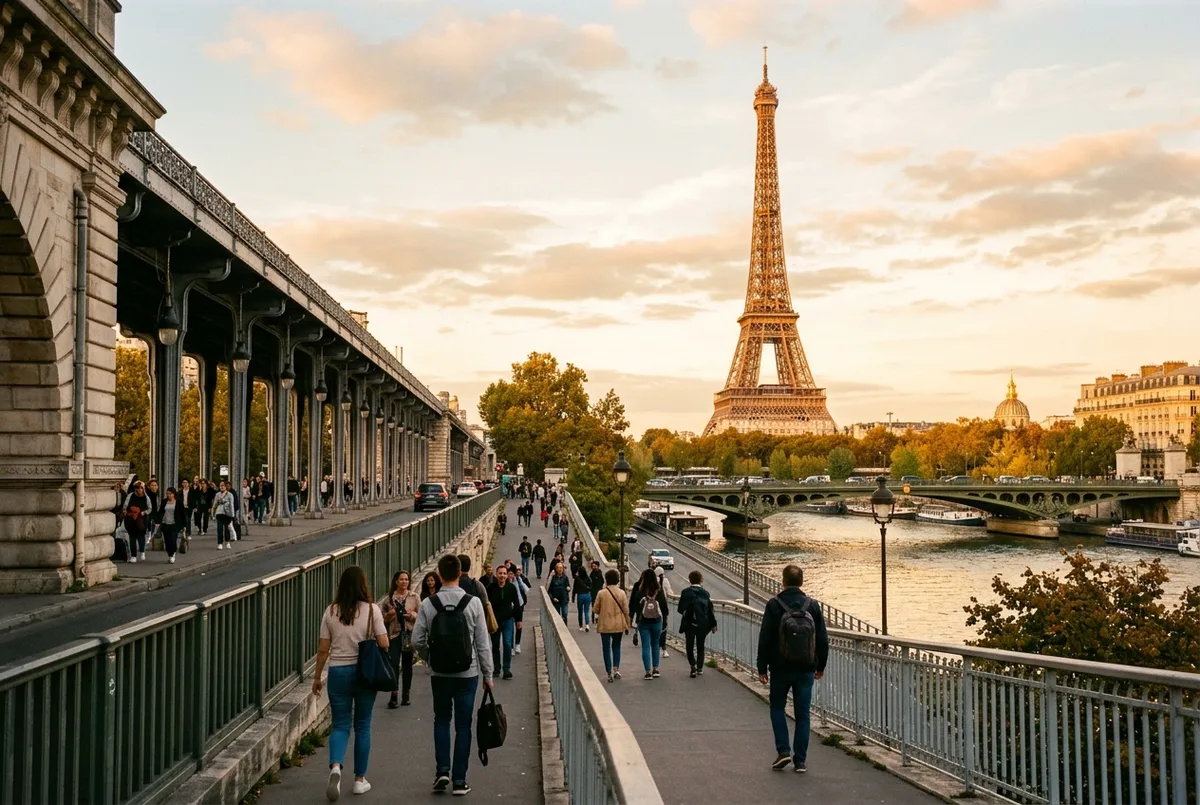 Viaggiatori che escono dalla stazione della metro aerea di Bir-Hakeim con la Torre Eiffel sullo sfondo, come arrivare alla torre eiffel, luce del mattino