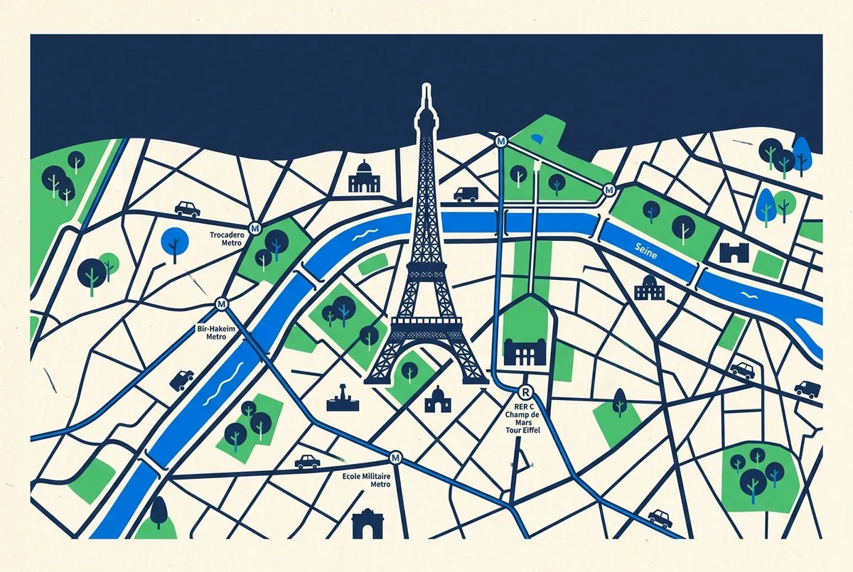 Plan des accès à la tour Eiffel : Bir-Hakeim, RER C Champ de Mars Tour Eiffel, Trocadéro, École Militaire et pont d'Iéna autour du Champ de Mars