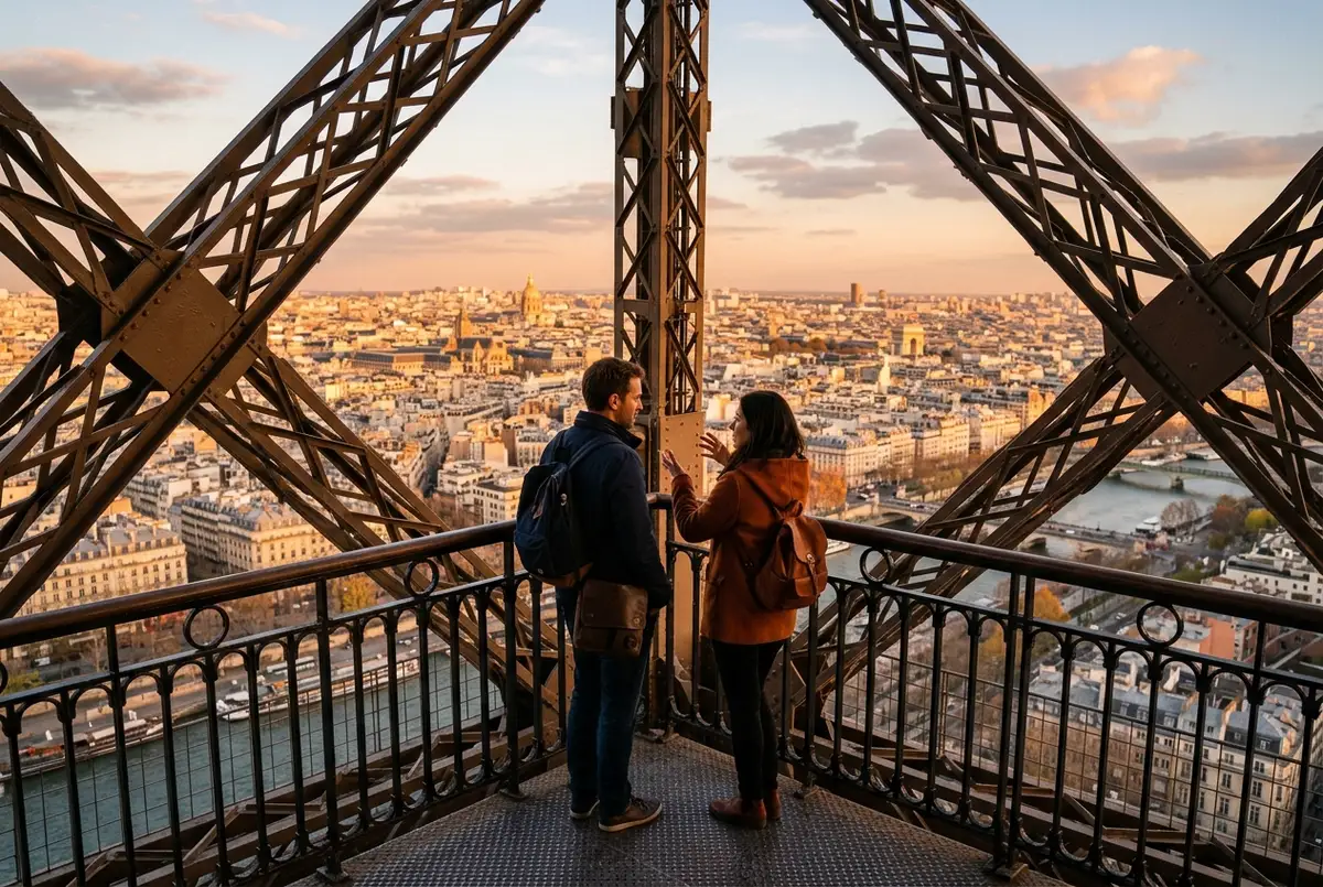 Paar auf der Spitzenplattform des Eiffelturms bei Sonnenuntergang, weiter Blick über Paris, ruhige Stimmung, ehrliches Urteil ob die Eiffelturm Spitze lohnt