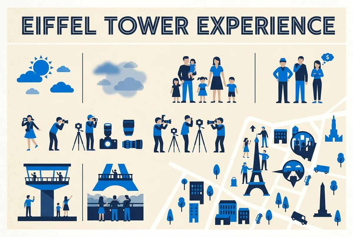 Übersichtsgrafik: Entscheidungsweg für den Eiffelturm mit den Feldern Wetter klar, Budget, Kinder und den Ergebnissen Spitze oder zweite Etage