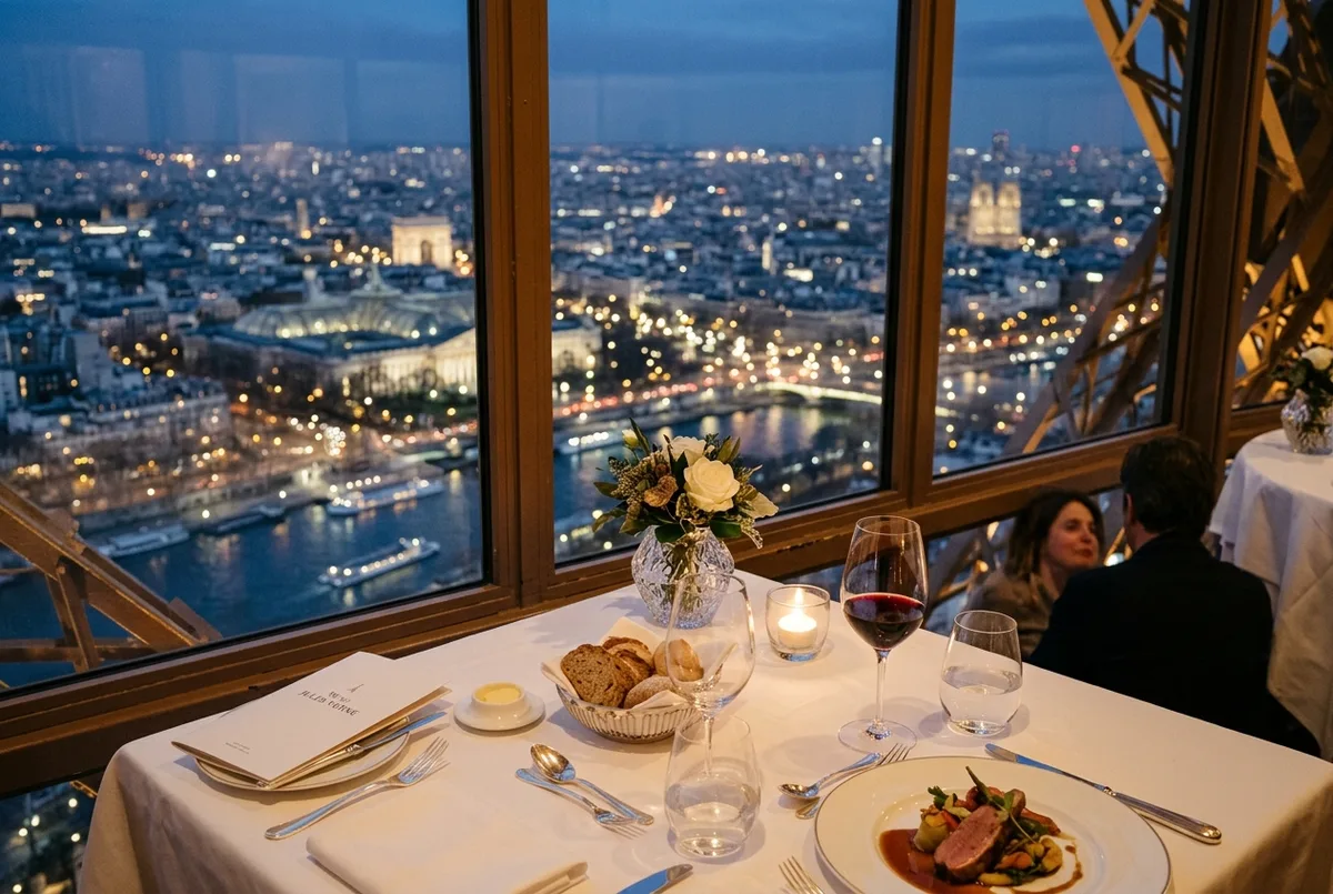 Tavolo elegante con vista serale su Parigi in un ristorante gastronomico sulla Torre Eiffel, ristorante jules verne torre eiffel