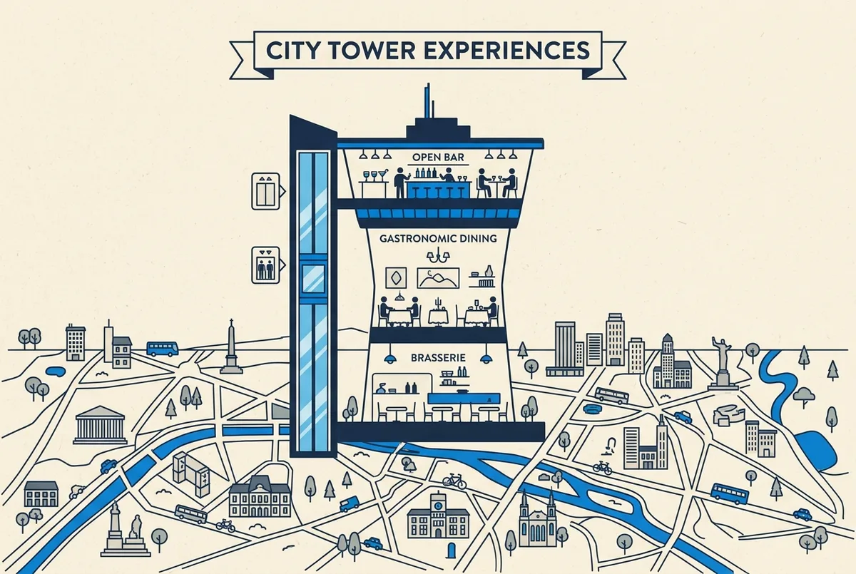 Mappa illustrata dei livelli della Torre Eiffel con ristorante gastronomico, brasserie del primo piano e terrazze, cena gourmet torre eiffel
