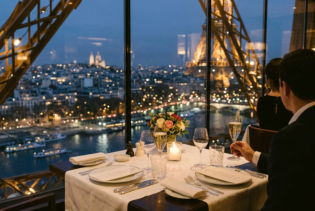 Sala calda di Madame Brasserie al primo piano della Torre Eiffel con tavoli apparecchiati e vista su Parigi, madame brasserie torre eiffel