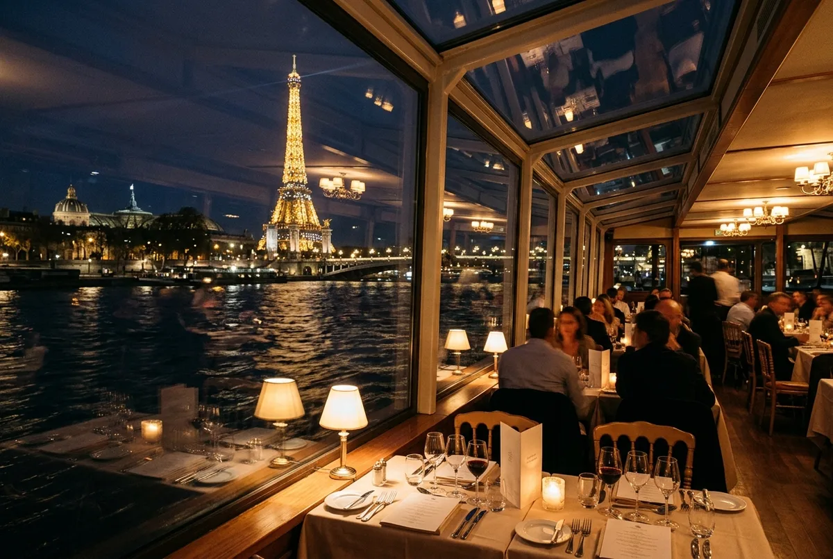 Barco panorámico navegando por el Sena al anochecer con la Torre Eiffel iluminada al fondo y mesas con copas en cubierta, cena crucero sena torre eiffel