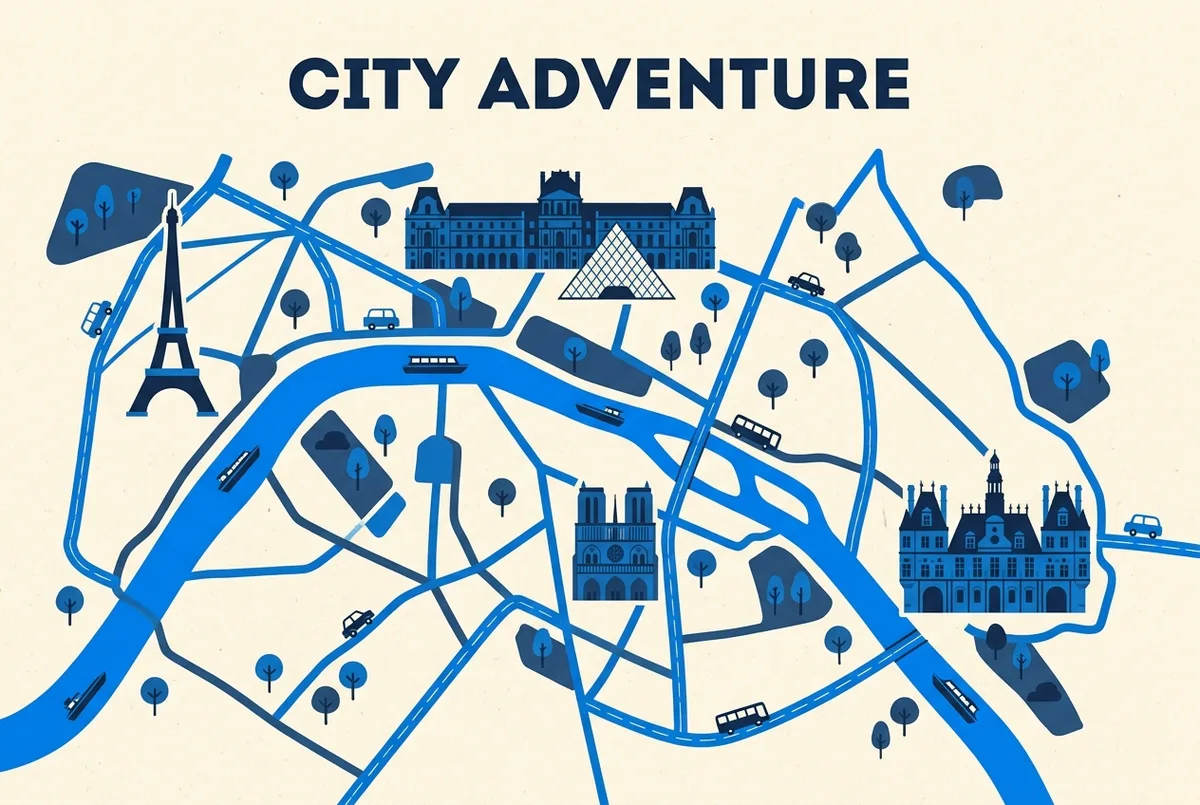 Mapa ilustrado del Sena con el trayecto del crucero desde la Torre Eiffel y etiquetas de Puente de Iéna y Notre-Dame