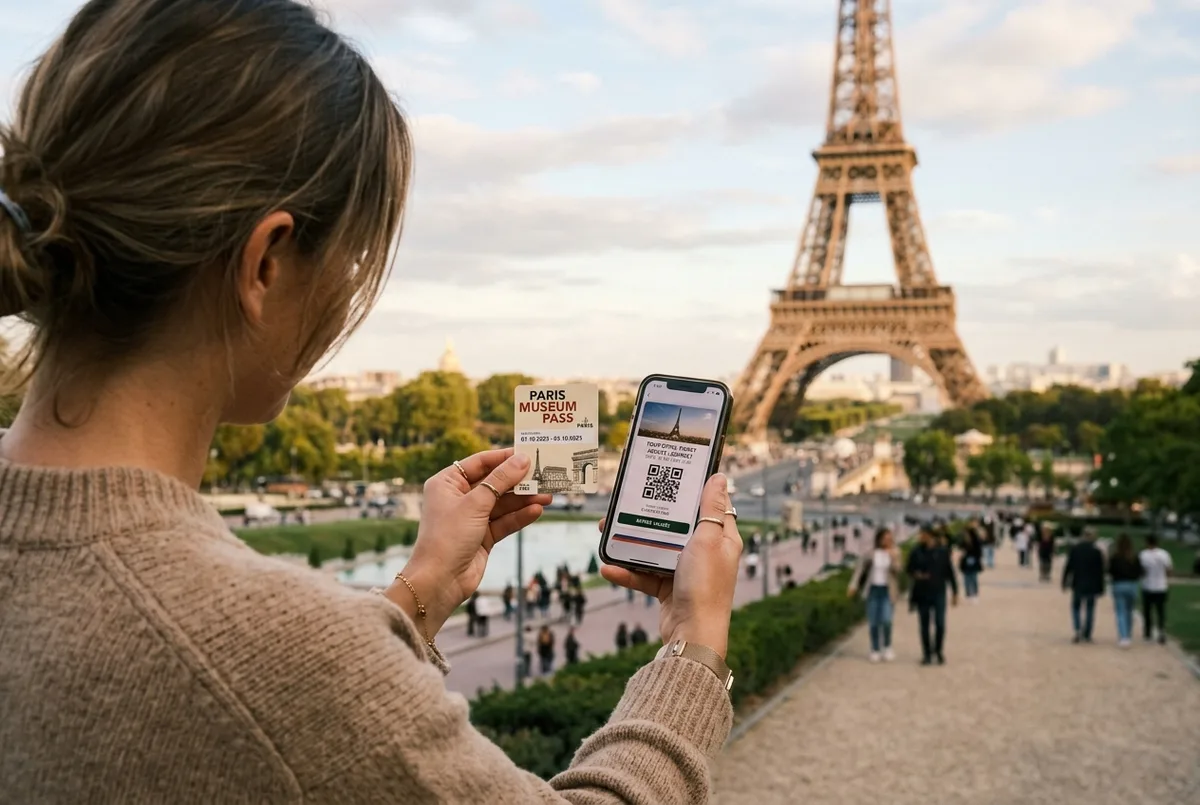 Viaggiatore con biglietti Louvre e Torre Eiffel sul telefono, davanti alla piramide di vetro del Louvre con la torre lontana all'orizzonte, luce del mattino
