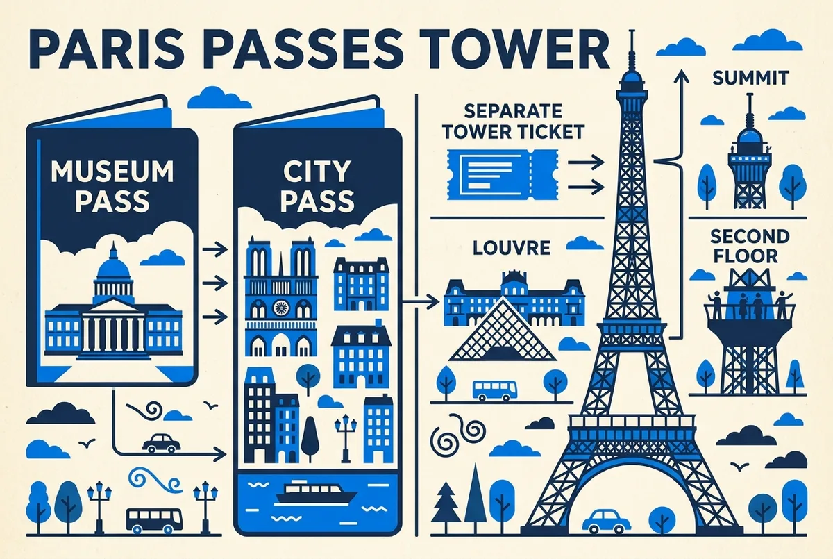 Mappa schematica di Parigi con il Louvre, il fiume Senna e la Torre Eiffel collegati da un percorso in un giorno, etichette generiche