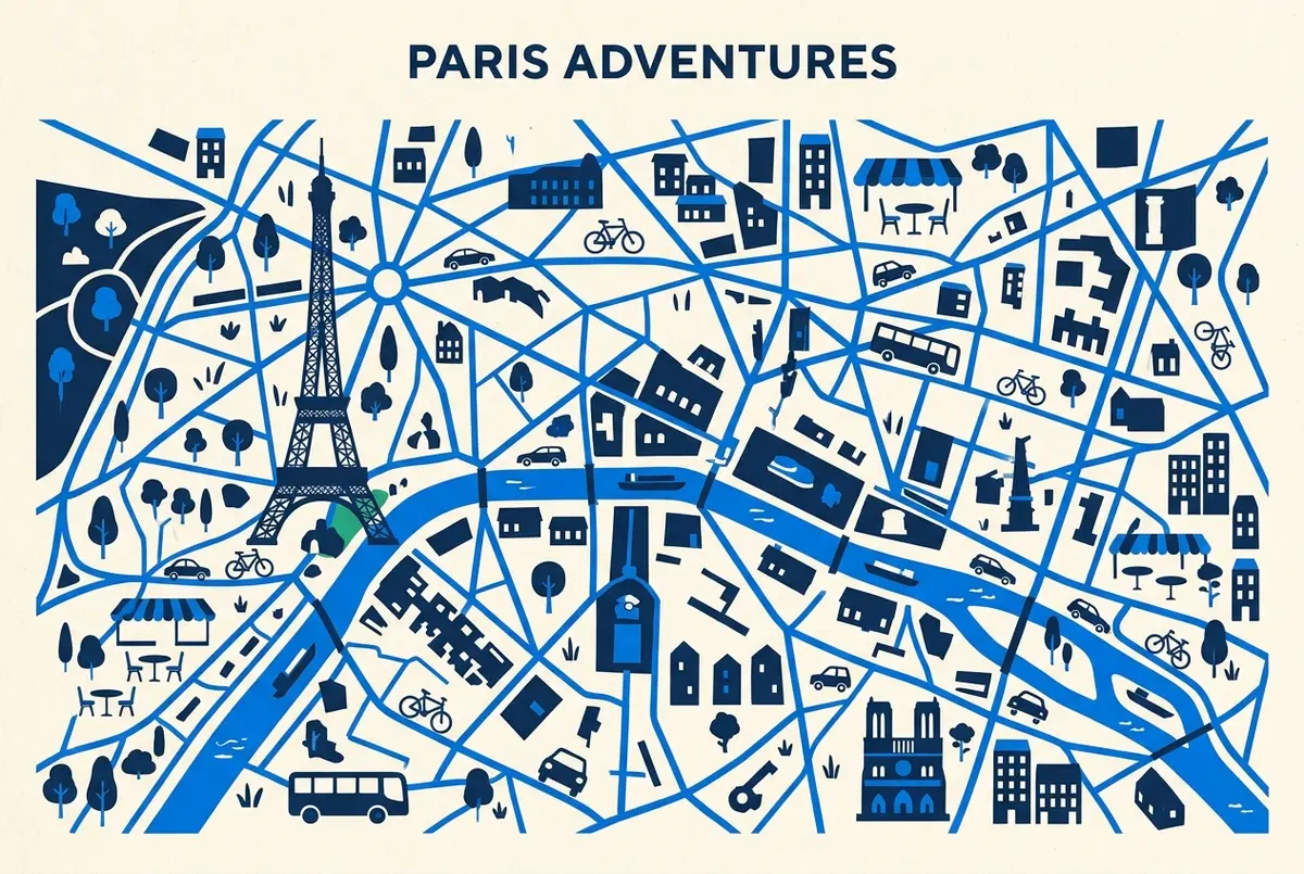 Kaart van Parijs met de Eiffeltoren in het midden en de uitzichtzones Trocadero, Champ de Mars en de Seine gemarkeerd