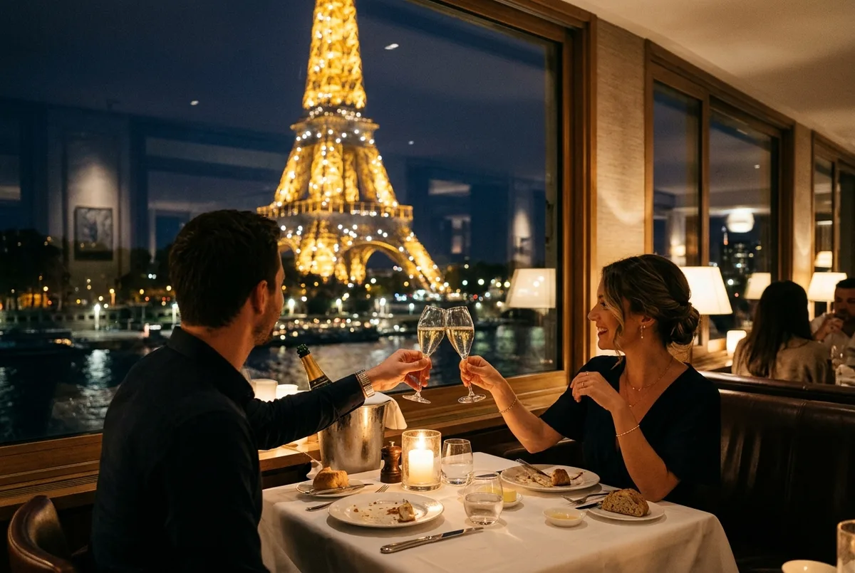 Pareja brindando con champán en una mesa junto a la ventana con la Torre Eiffel iluminada al fondo, cena romantica torre eiffel