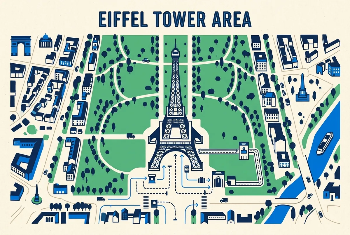 Mapa esquemático do acesso à Torre Eiffel com as três filas: segurança, bilheteira e elevador, com o percurso de um bilhete reservado