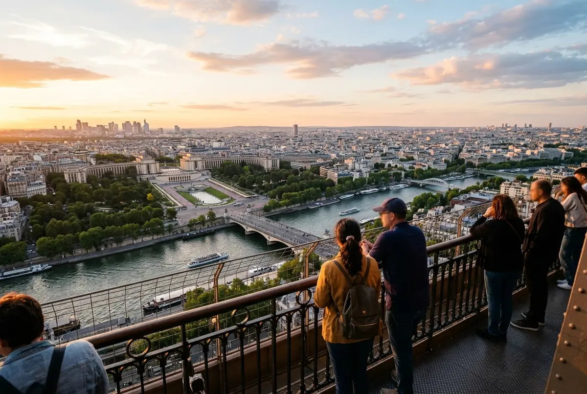 Eiffelturm Aussicht: Panorama über Paris vom Aussichtsdeck bei klarem Himmel, Seine, Arc de Triomphe und Dächer im weichen Nachmittagslicht