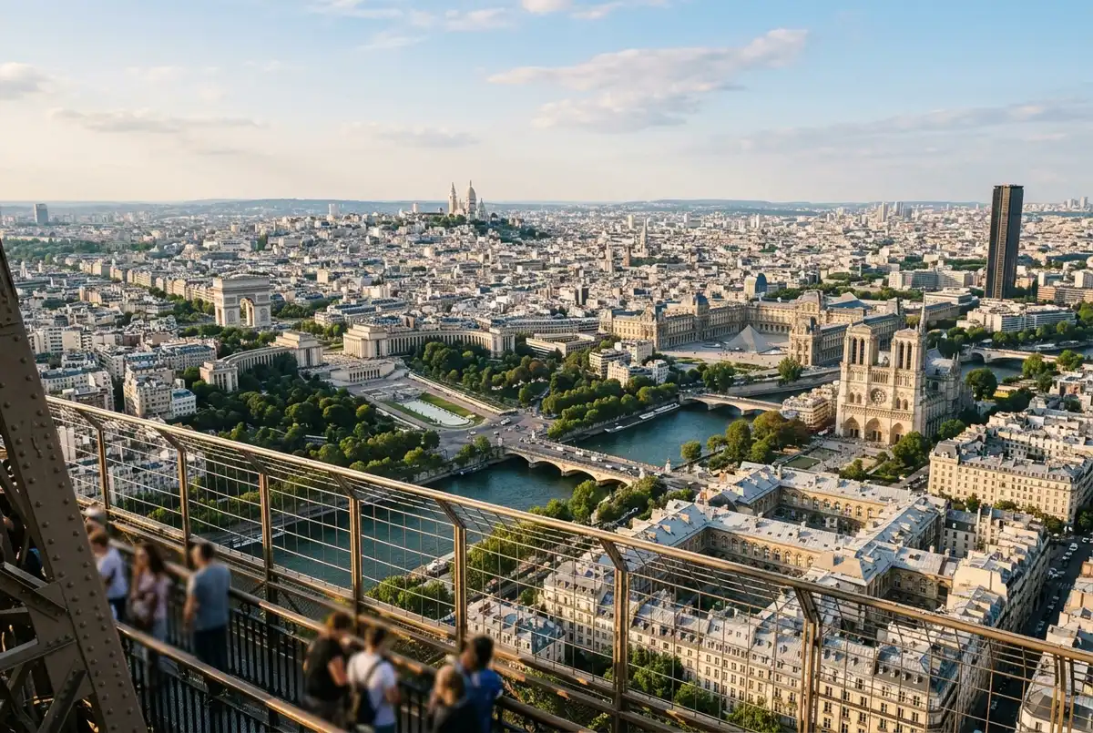 Kartenskizze der Aussicht vom Eiffelturm mit Himmelsrichtungen und markierten Wahrzeichen wie Arc de Triomphe, Trocadéro, Invalides und Sacré-Cœur, generische Beschriftungen