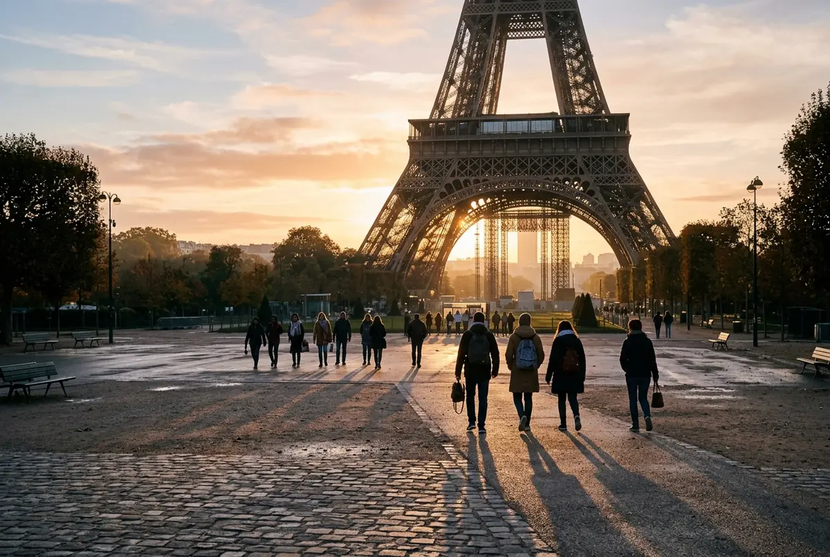Visitantes cruzando el Campo de Marte hacia la base de la Torre Eiffel con el sol de la mañana, visita torre eiffel
