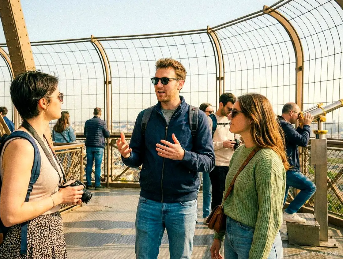 Visitatori con biglietto guidato per la Torre Eiffel che ammirano Parigi