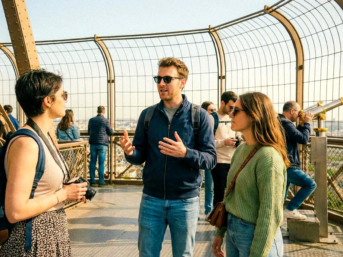 Visitantes com bilhetes de visita guiada da Torre Eiffel a apreciar a vista sobre Paris