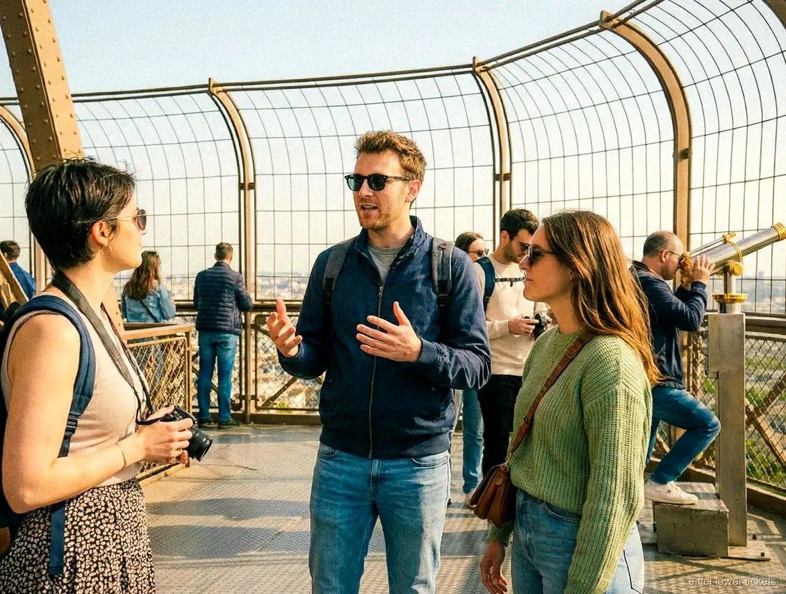 Gæster med billetter til Eiffeltårnet nyder udsigten over Paris