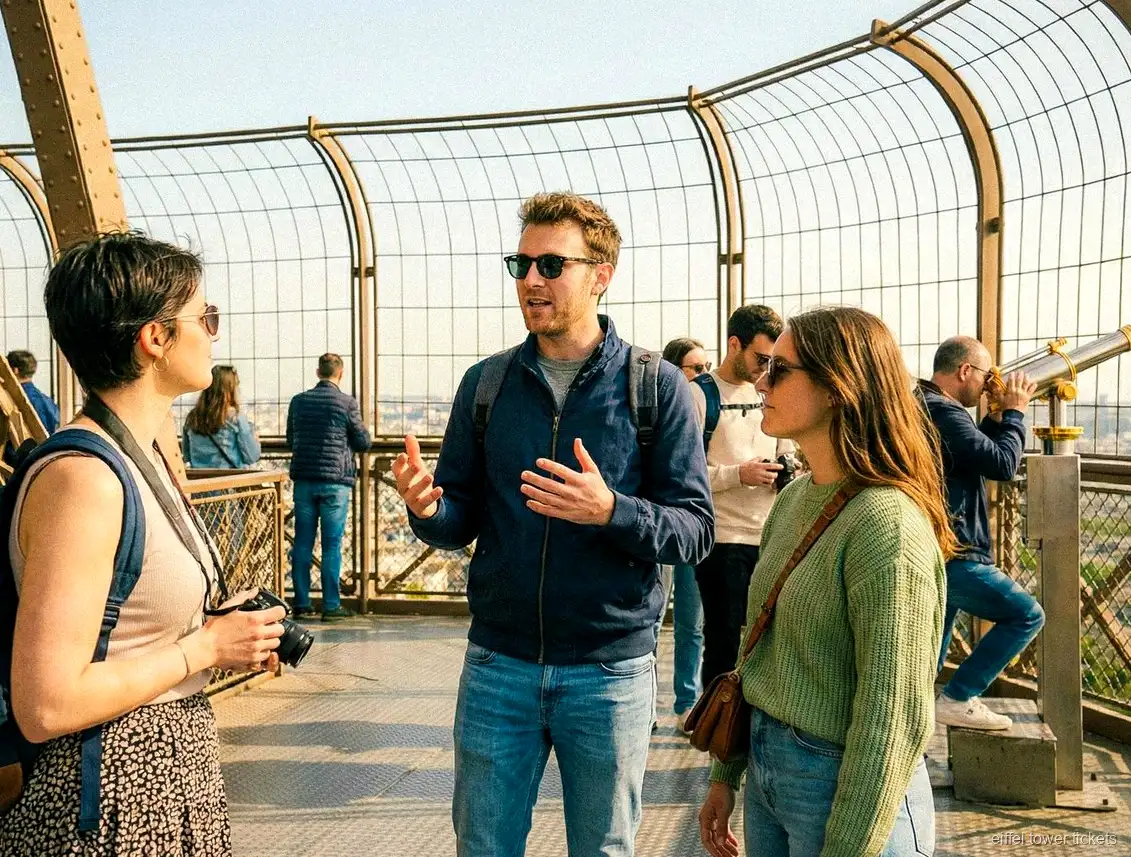 Bezoekers met Eiffeltoren tickets genieten van het uitzicht over Parijs