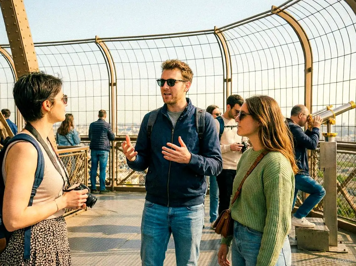 Visitantes con entradas de la Torre Eiffel disfrutando de la vista sobre París